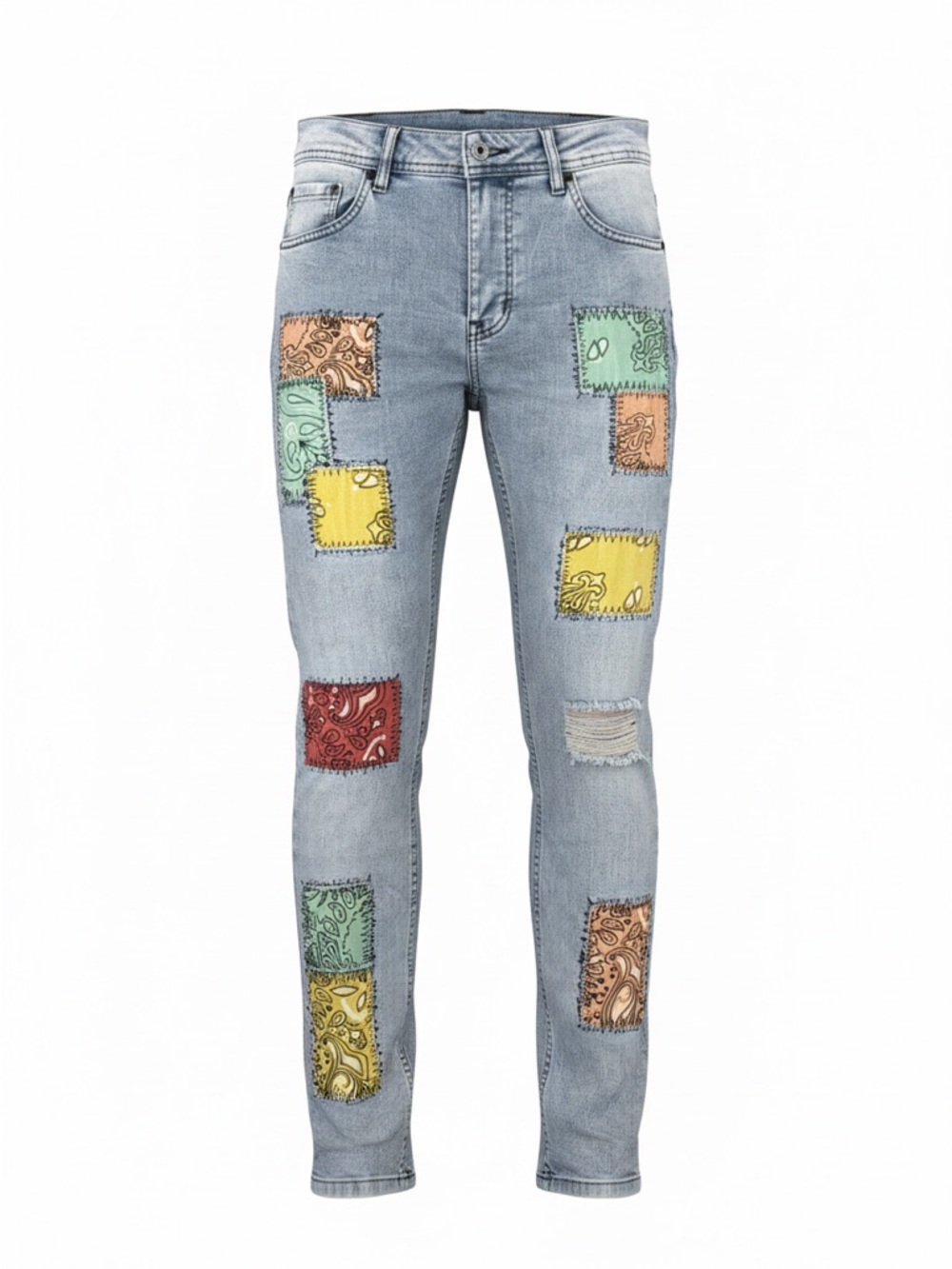 Light Wash Skinny Jeans with Multicolor Bandana Patchwork